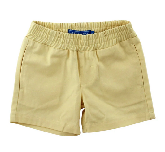 Boys’ J Bailey Seaside Canary pull on shorts made of 100% cotton twill fabric, featuring pockets and elastic waistband, displayed on a plain background.