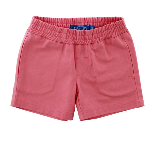 Boys’ J Bailey Seaside Shrimp pull on shorts made of 100% cotton twill fabric, featuring pockets and elastic waistband, displayed on a plain background.