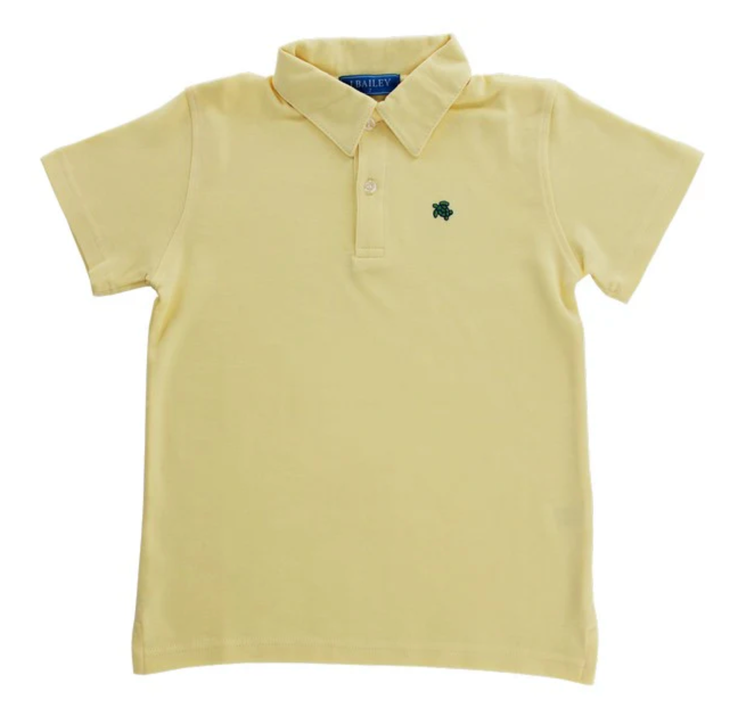 J Bailey Yellow Henry boys’ polo shirt made of 100% cotton, featuring a two-button placket, ribbed collar, and embroidered turtle logo, laid flat on a white background.