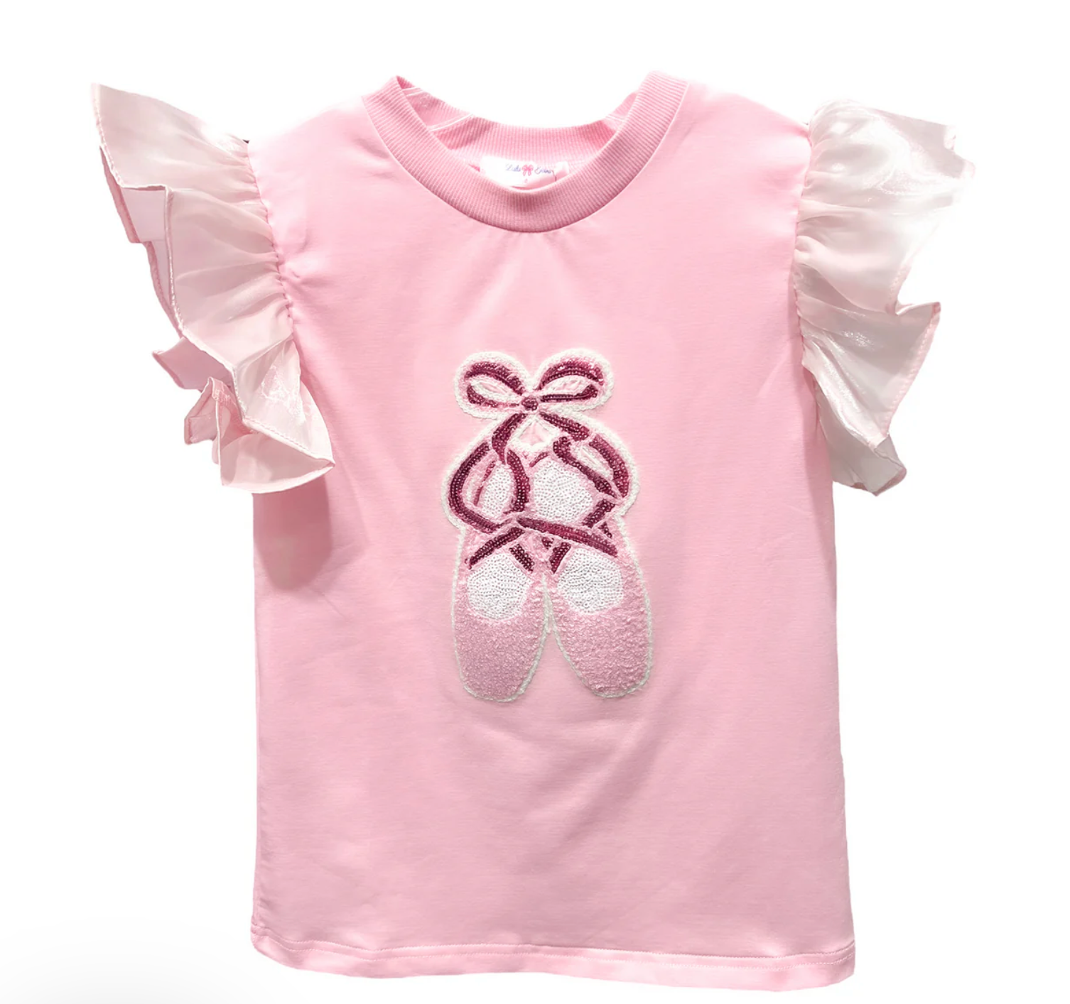 Girls Lulu Bebe Ballet Sequin Top in pink with flutter sleeves and sequin ballet slipper embroidery, perfect for dance-loving little ones.