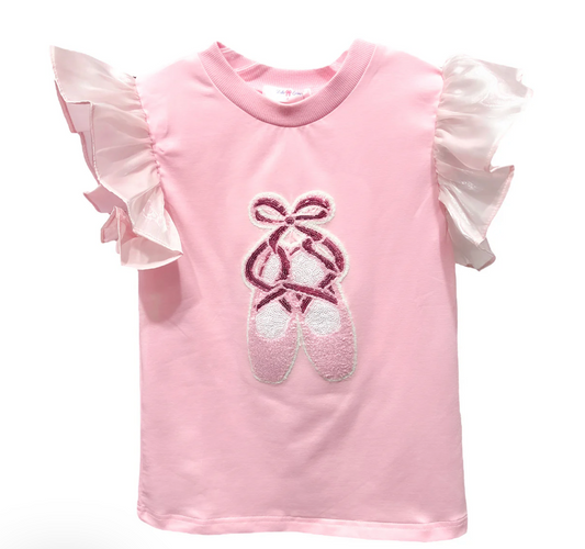 Girls Lulu Bebe Ballet Sequin Top in pink with flutter sleeves and sequin ballet slipper embroidery, perfect for dance-loving little ones.