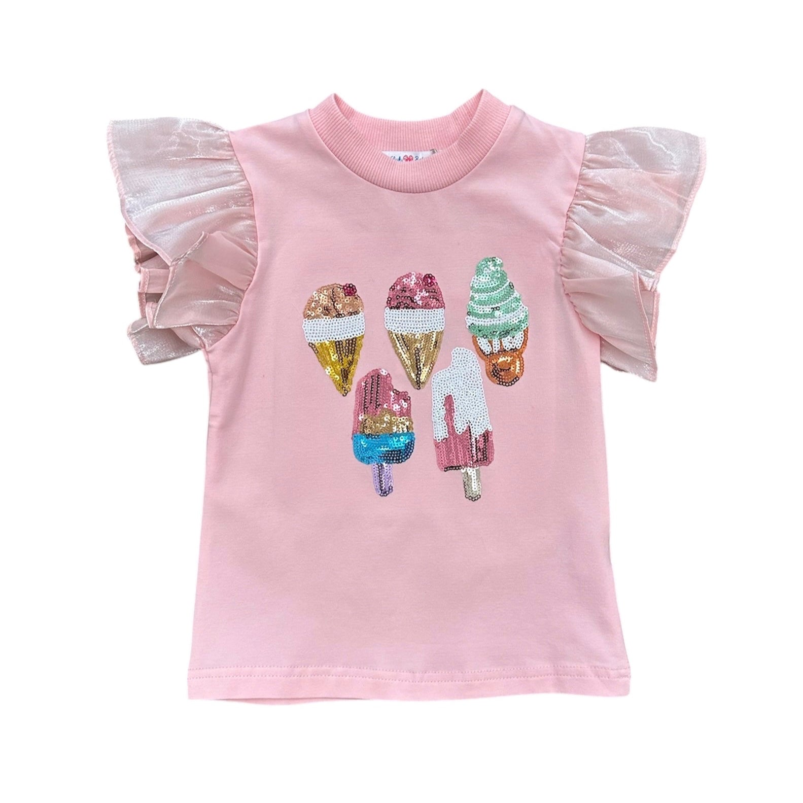 Girls Lulu Bebe Ice Cream Sequin Top with flutter sleeves and sparkly ice cream cone detail, made from soft pink cotton blend.