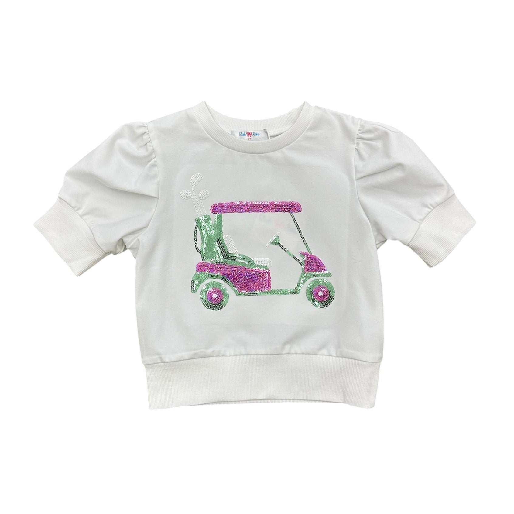Girls Lulu Bebe Lily Golf Cart Sequin Top in pink with puff sleeves and sparkly golf cart design, perfect for spring and summer fun.