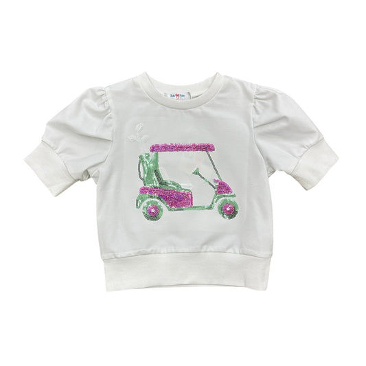 Girls Lulu Bebe Lily Golf Cart Sequin Top in pink with puff sleeves and sparkly golf cart design, perfect for spring and summer fun.