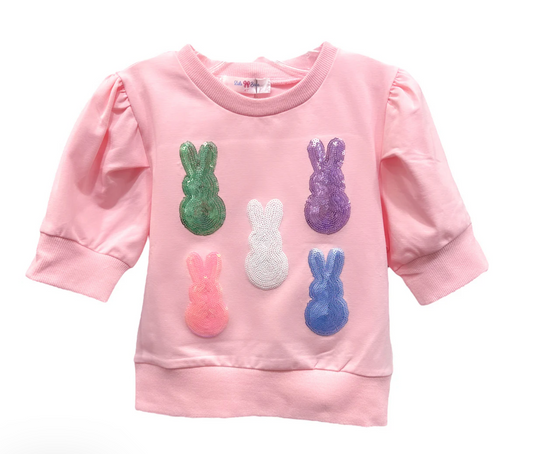 Girls Lulu Bebe Lily Peeps Sequin Top in pink with puff sleeves and colorful sequin bunny peeps design, perfect for Easter outfits.
