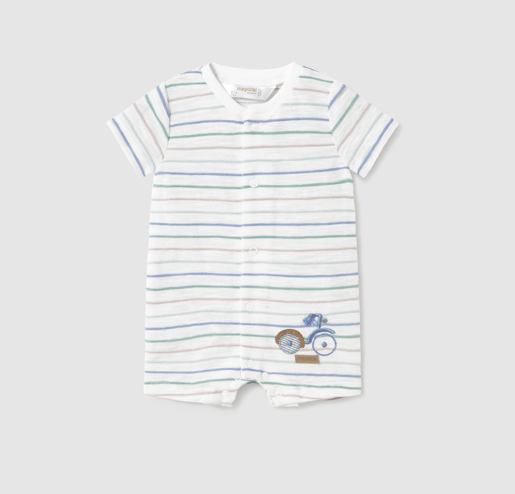 Mayoral baby boy striped cotton playsuit with embroidered bicycle and front snaps.