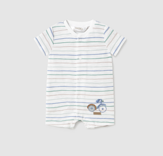Mayoral baby boy striped cotton playsuit with embroidered bicycle and front snaps.