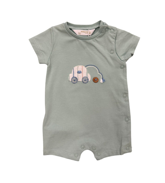 Mayoral baby boy cotton playsuit with embroidered car and side snaps.