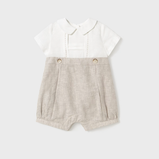 Baby boy natural linen blend romper with back buttons and crotch snaps
