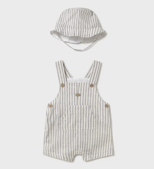 Mayoral baby boy striped cotton-linen overalls with adjustable straps and matching bucket hat.