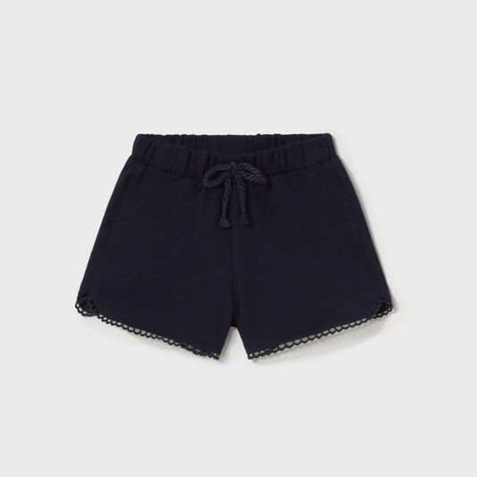 Navy blue chenille baby girl shorts with elastic waistband, soft and cozy for everyday wear.