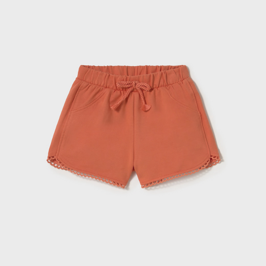 Mayoral baby girl soft orange chenille-style shorts with elastic waist, perfect for summer play.