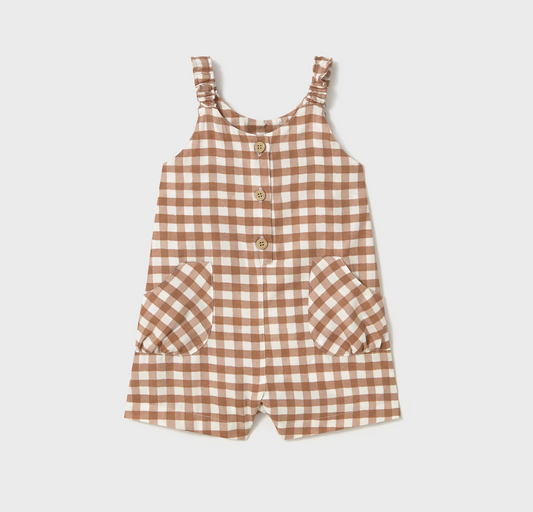 Mayoral baby girl terracotta gingham romper with chest buttons and pockets.