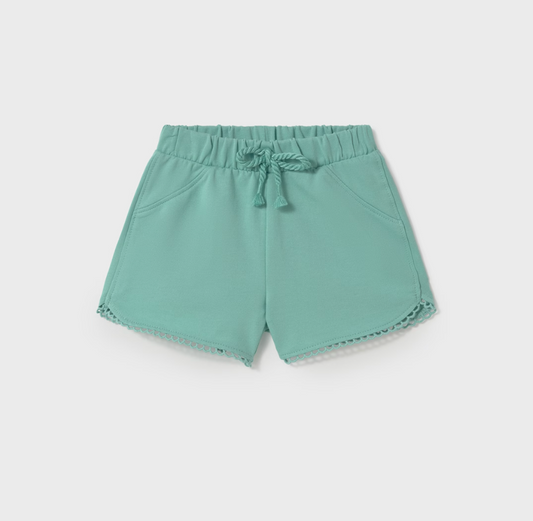 Turquoise chenille baby girl shorts with elastic waistband, soft and stretchy for everyday comfort.