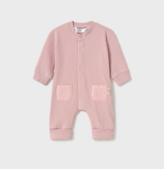 Mayoral baby girl pink ribbed romper with bear design on bottom and front snaps.
