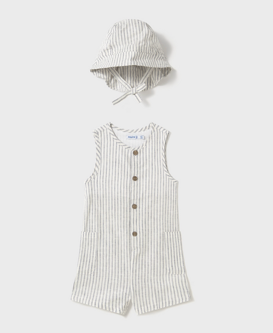 Mayoral baby boy striped linen romper with matching bucket hat and button front.