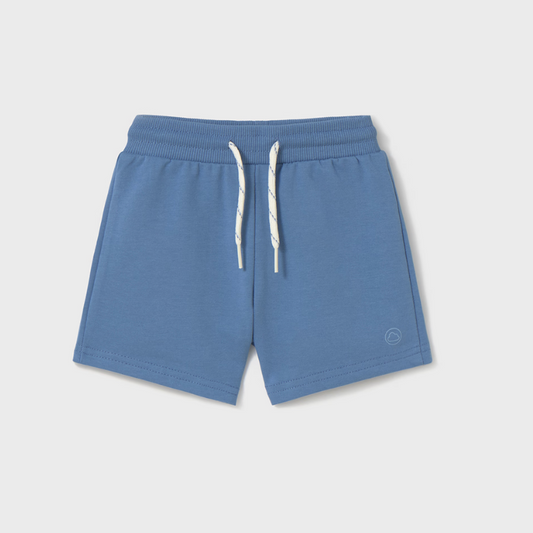 Mayoral boy blue knit shorts with functional drawstring.