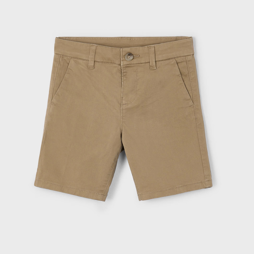 Mayoral dark khaki chino shorts for boys with adjustable waist, front button closure, and three pockets.