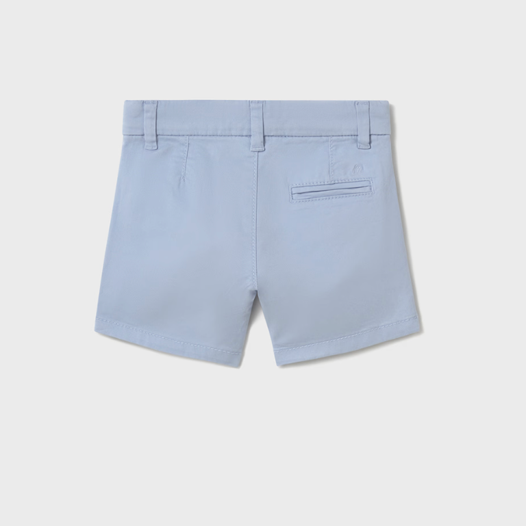 Light blue boys’ twill chino shorts with functional button and adjustable waistband.