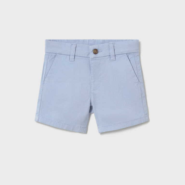 Light blue boys’ twill chino shorts with functional button and adjustable waistband.