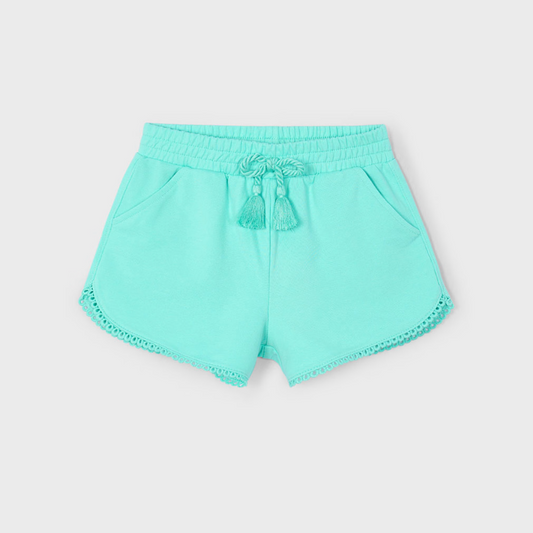 Mayoral girl aqua chenille shorts with elastic waist and decorative tie.