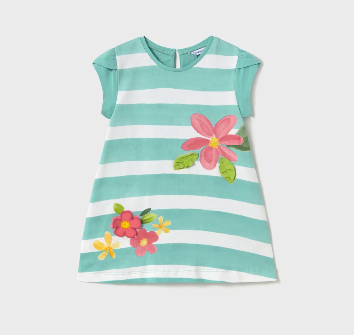 Mayoral girl Ariel dress with navy stripes and floral front design.
