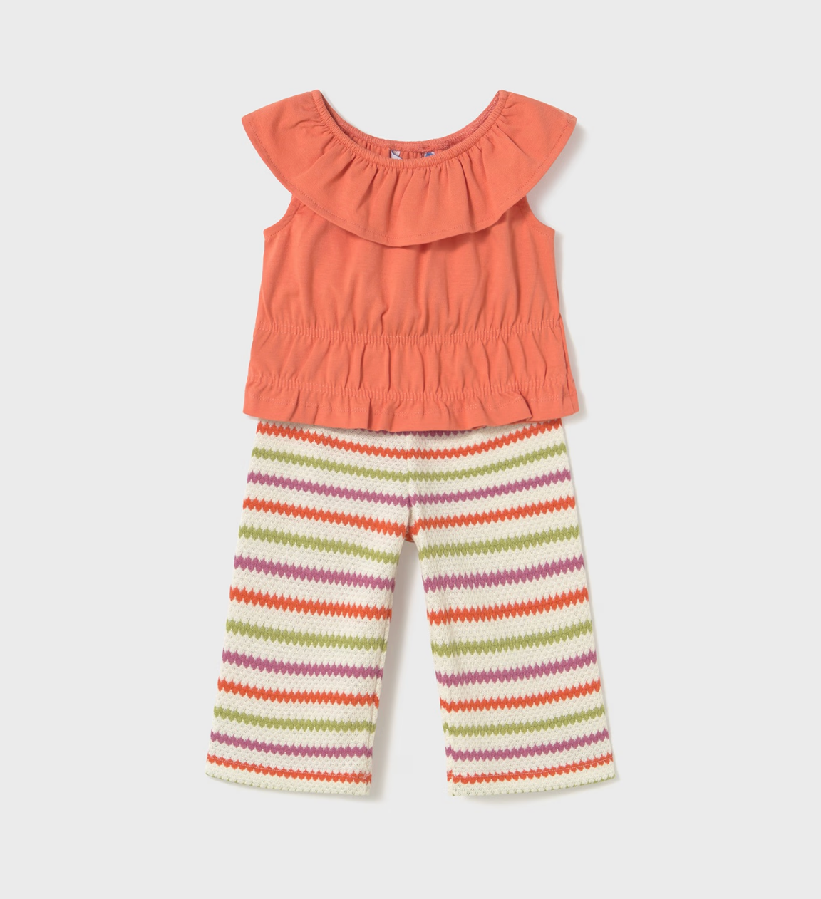 Mayoral girl Ohana crochet pant set with white cotton top and textured wide-leg pants.