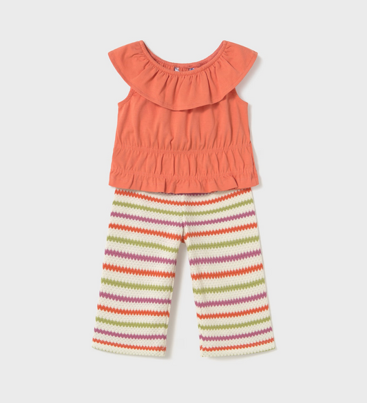 Mayoral girl Ohana crochet pant set with white cotton top and textured wide-leg pants.