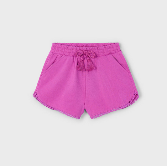 Mayoral girl orchid pink chenille shorts with elastic waist and decorative tie.