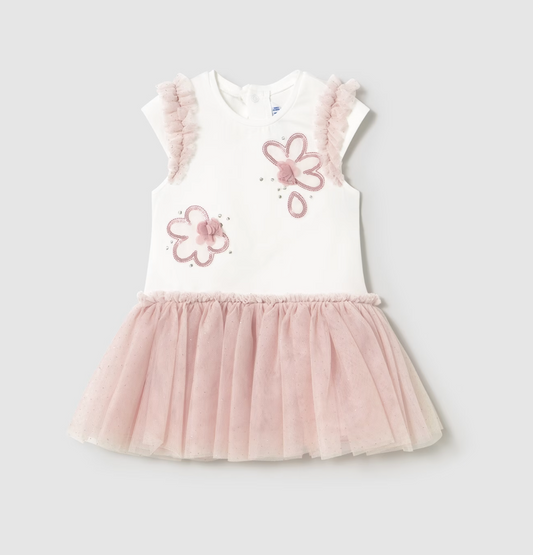 Mayoral girl pink tutu dress with layered skirt and cotton lining.