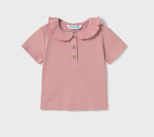 Mayoral girl Posie pink ribbed top with ruffle collar.