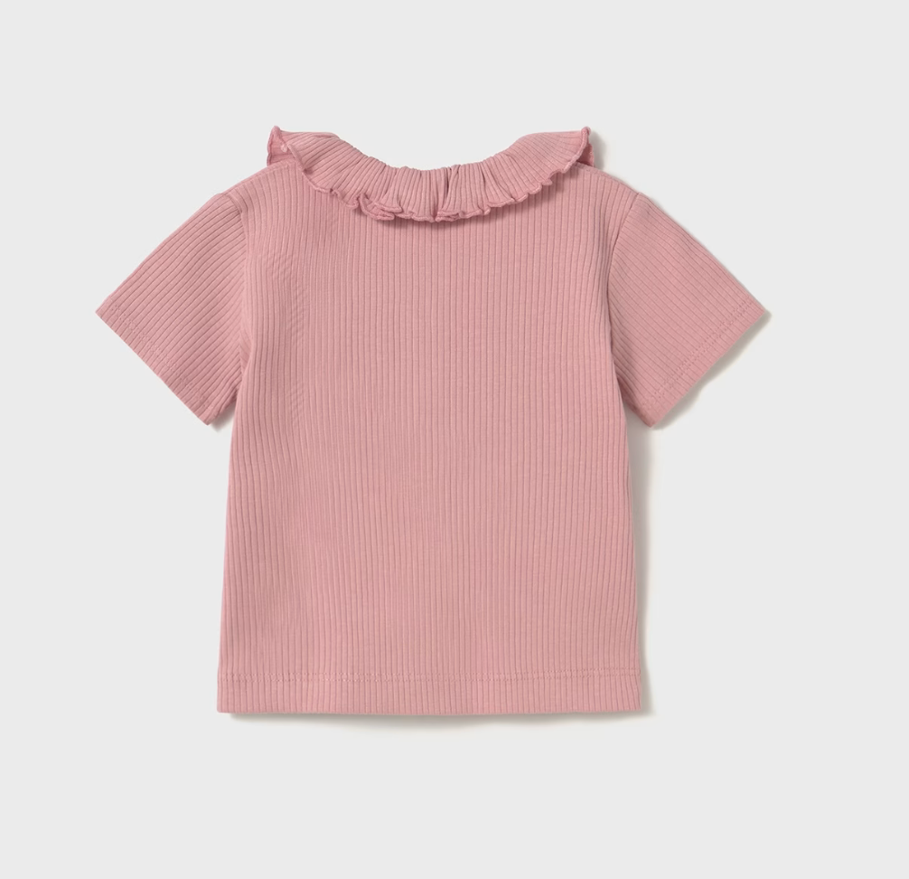 Mayoral girl Posie pink ribbed top with ruffle collar.