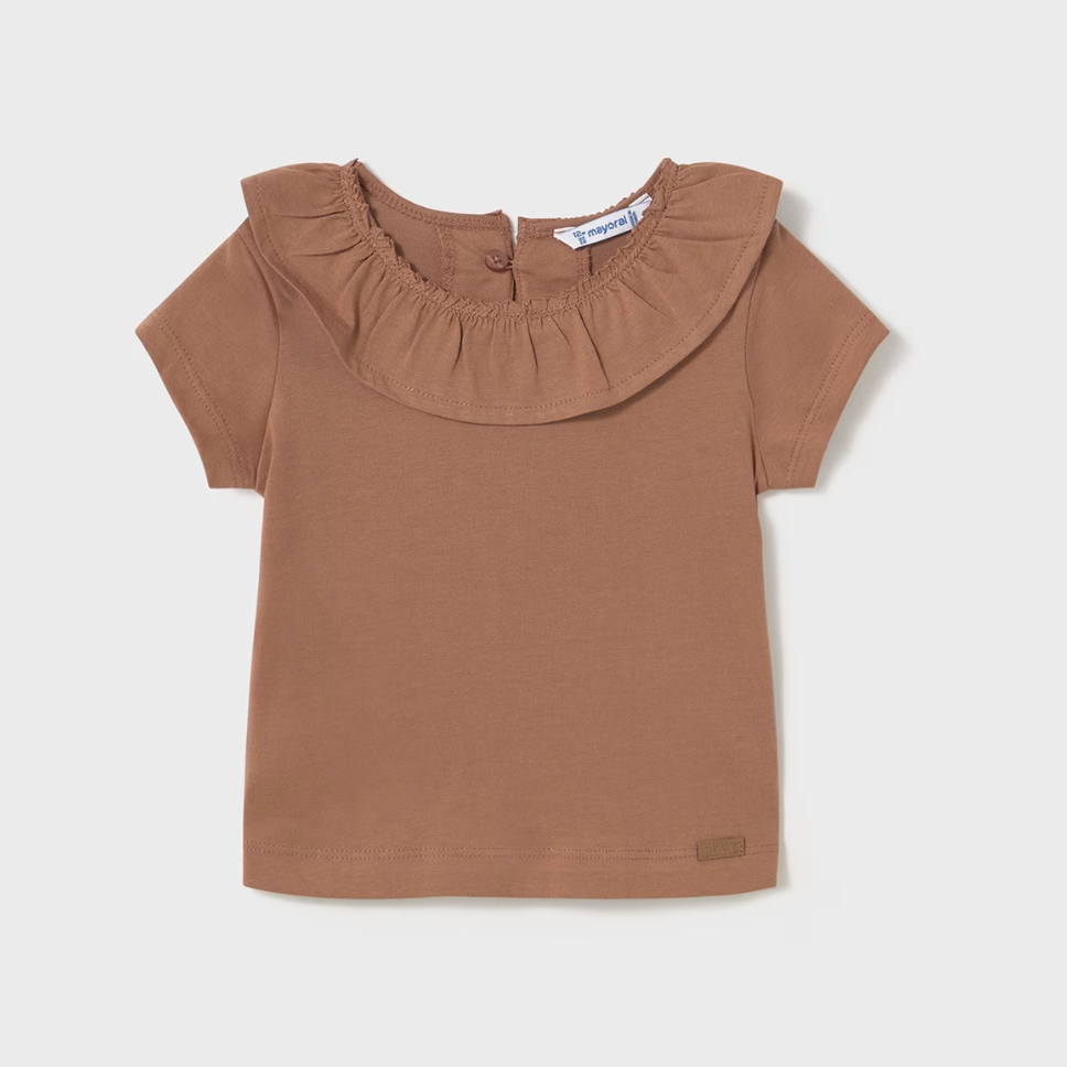 Girls terracotta cotton top with ruffle collar