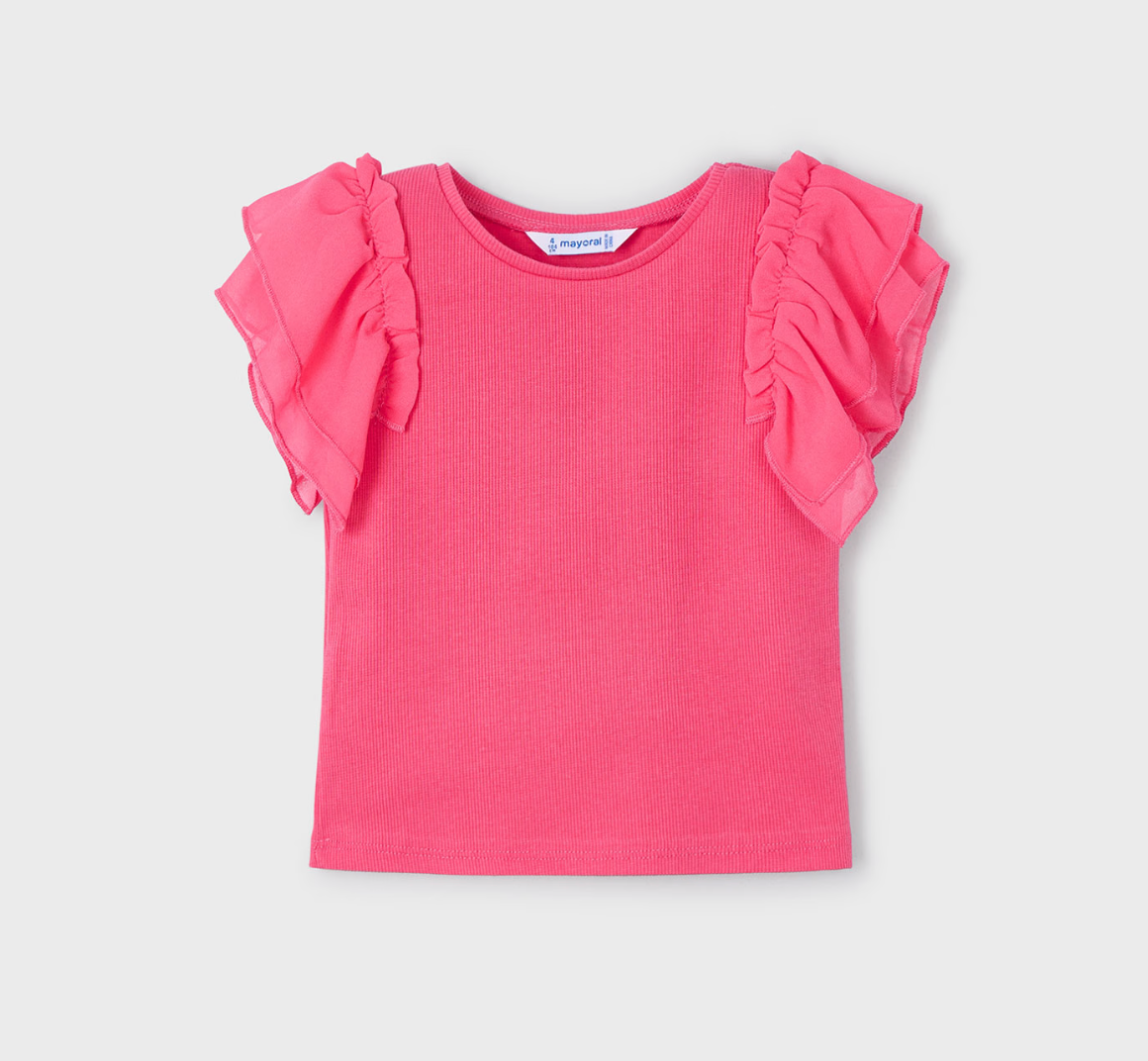 Mayoral girl coral pink ribbed flutter sleeve top.