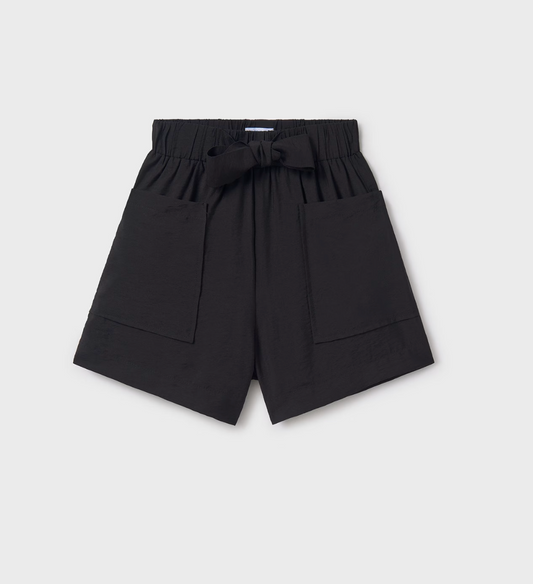 Mayoral tween girl black bow tie shorts with front pockets.