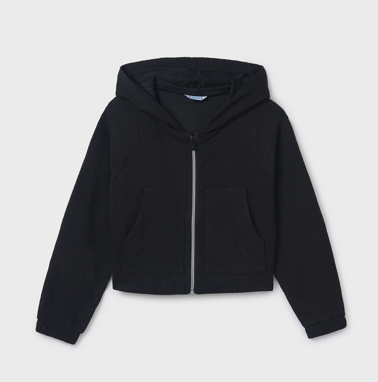 Mayoral tween girl black cropped zip-up hoodie.