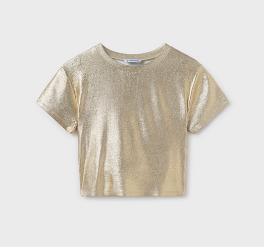 Mayoral tween metallic gold ribbed cropped top with short sleeves.