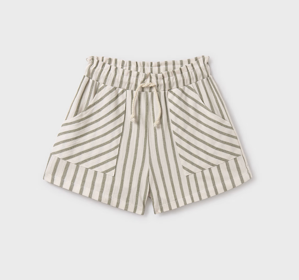 Mayoral tween moss green striped cotton shorts with drawstring and pockets.
