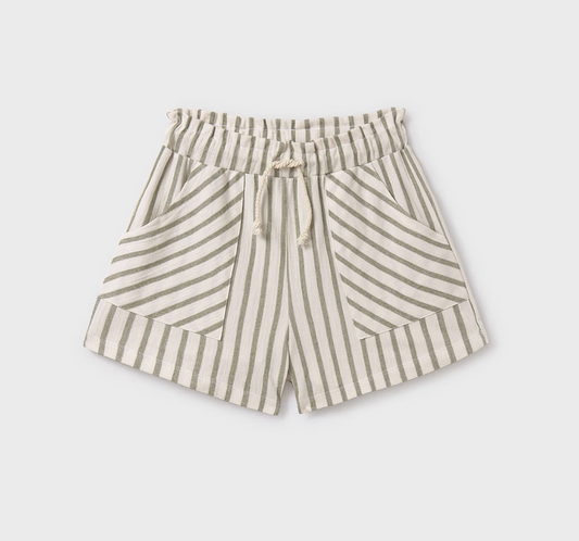 Mayoral tween moss green striped cotton shorts with drawstring and pockets.