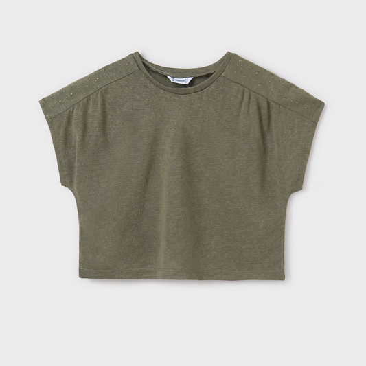 Moss green tween girl’s top with studded shoulder detail, shown laid flat.