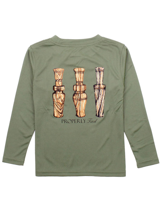 Properly Tied Olive Duck Calls LS Performance Tee