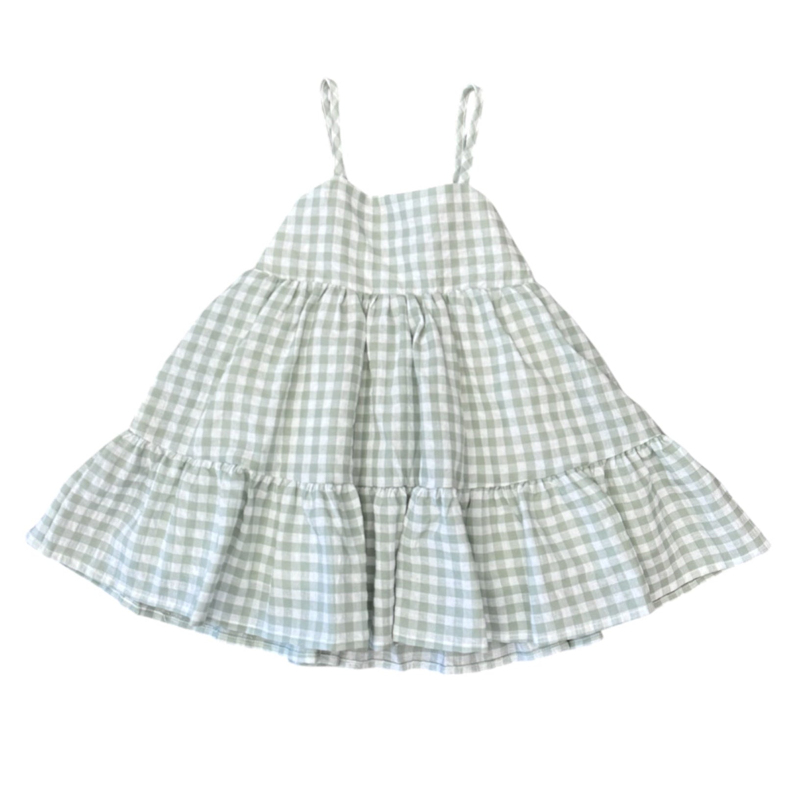 Moss green gingham spaghetti strap dress for girls.