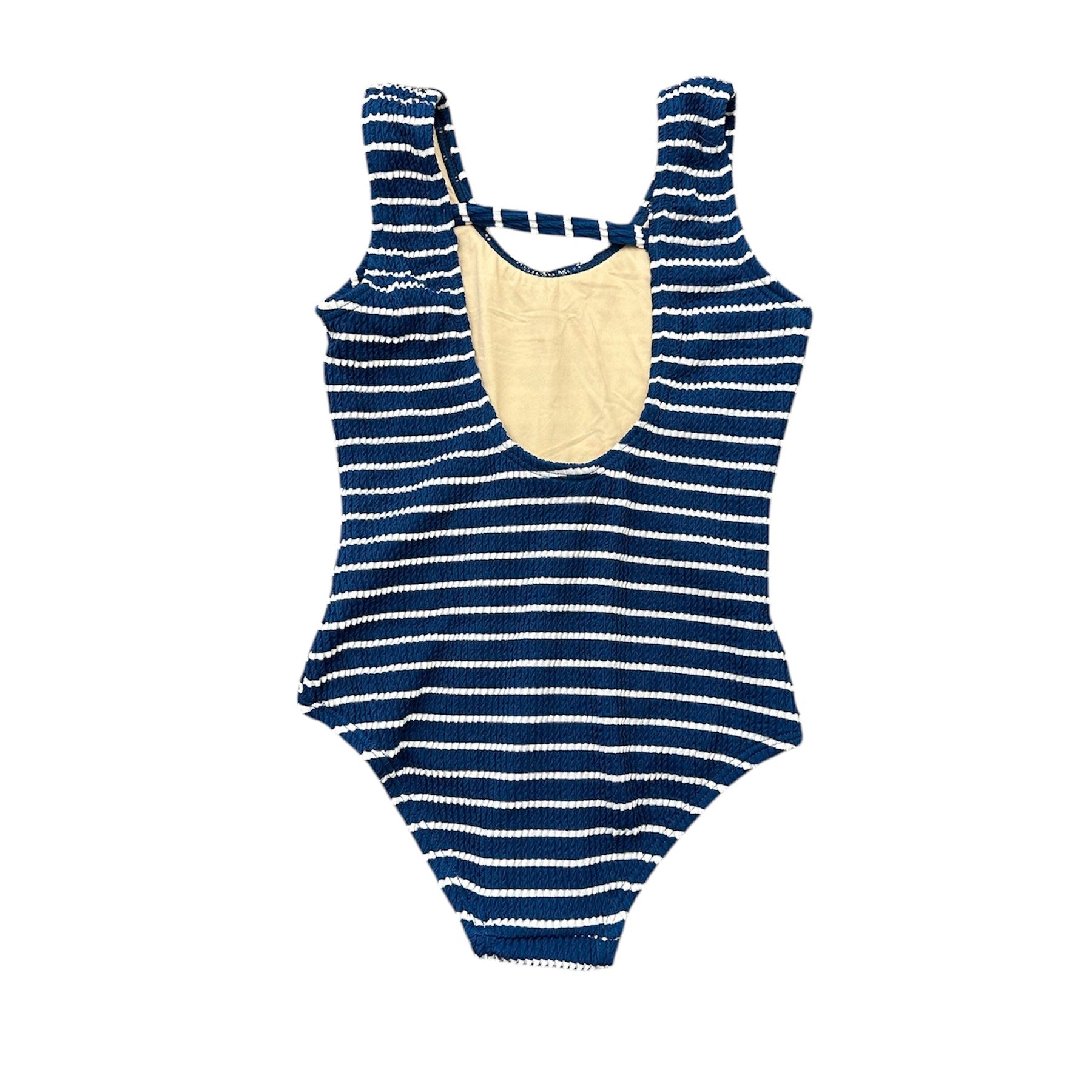 Girls navy stripe crinkle one piece swimsuit with ribbed texture and UPF50+ sun protection.