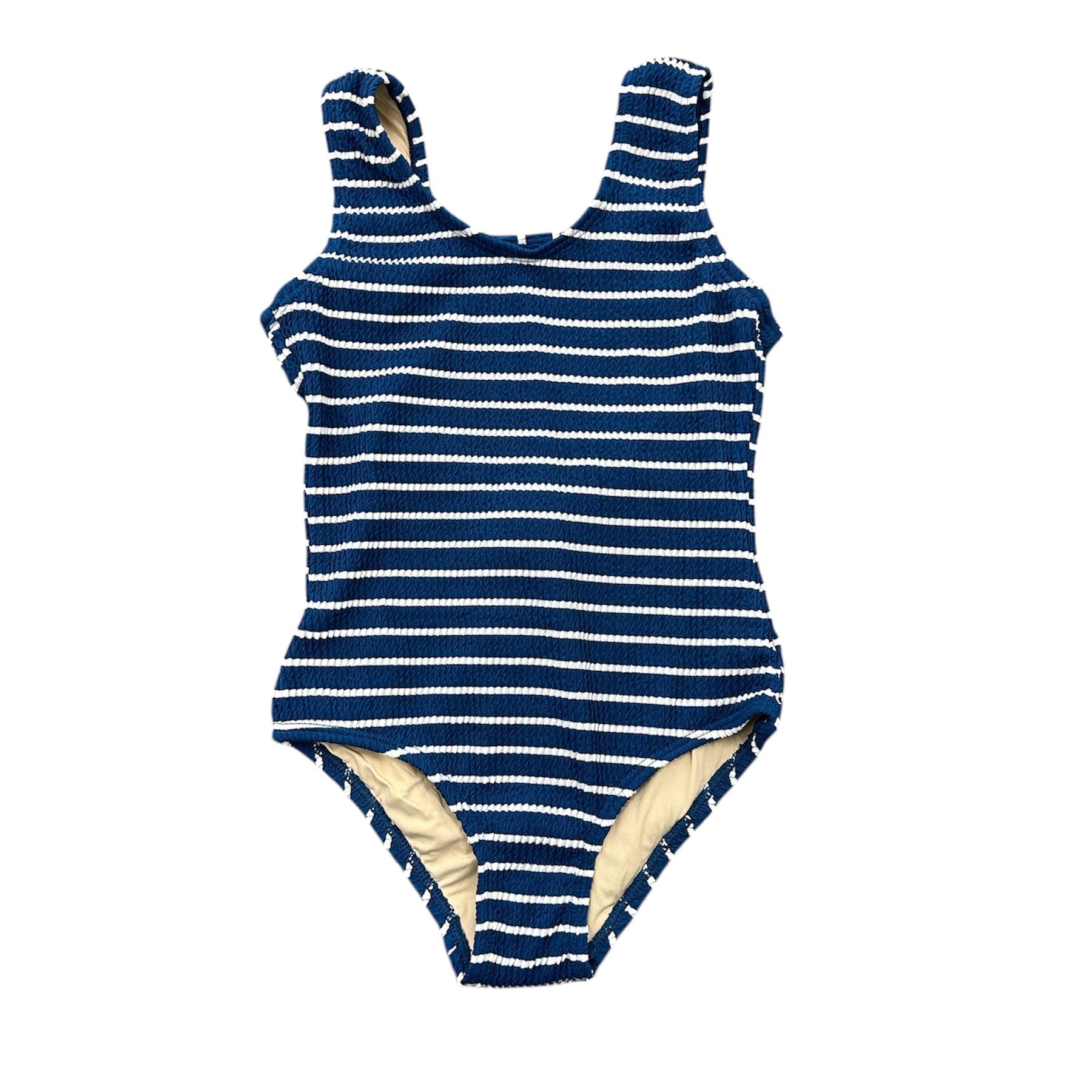 Girls navy stripe crinkle one piece swimsuit with ribbed texture and UPF50+ sun protection.