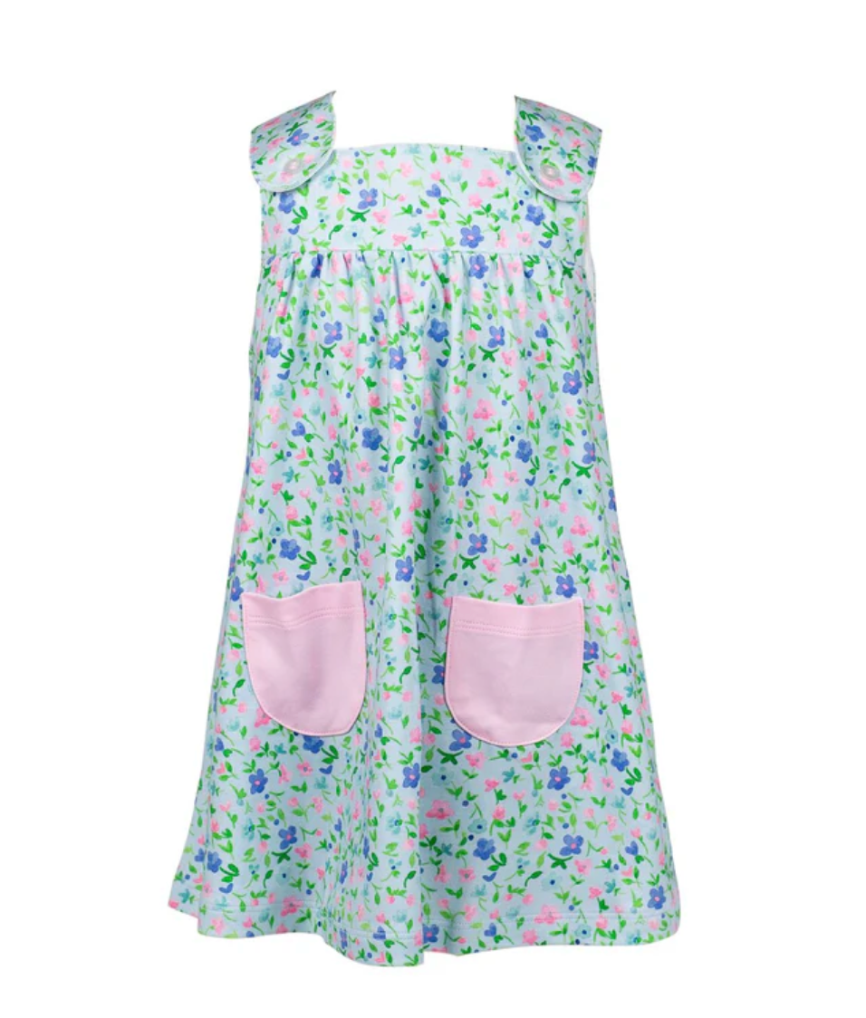 The Proper Peony Morning Glory girls’ dress featuring a colorful floral print on Peruvian Pima cotton, displayed flat on a white background, part of a coordinating seasonal collection.