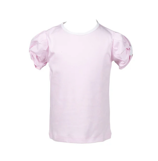 The Proper Peony Pink Basic Twist Shirt for girls, made of Peruvian Pima cotton with a stylish twist detail, laid flat on a white background.