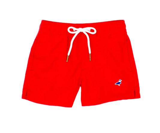 Red boys swim trunks with drawstring and pockets