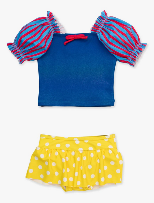 Girls' red puffed sleeve two-piece swimsuit with skirted bottom and bow detail, UPF 50+ sun protection.