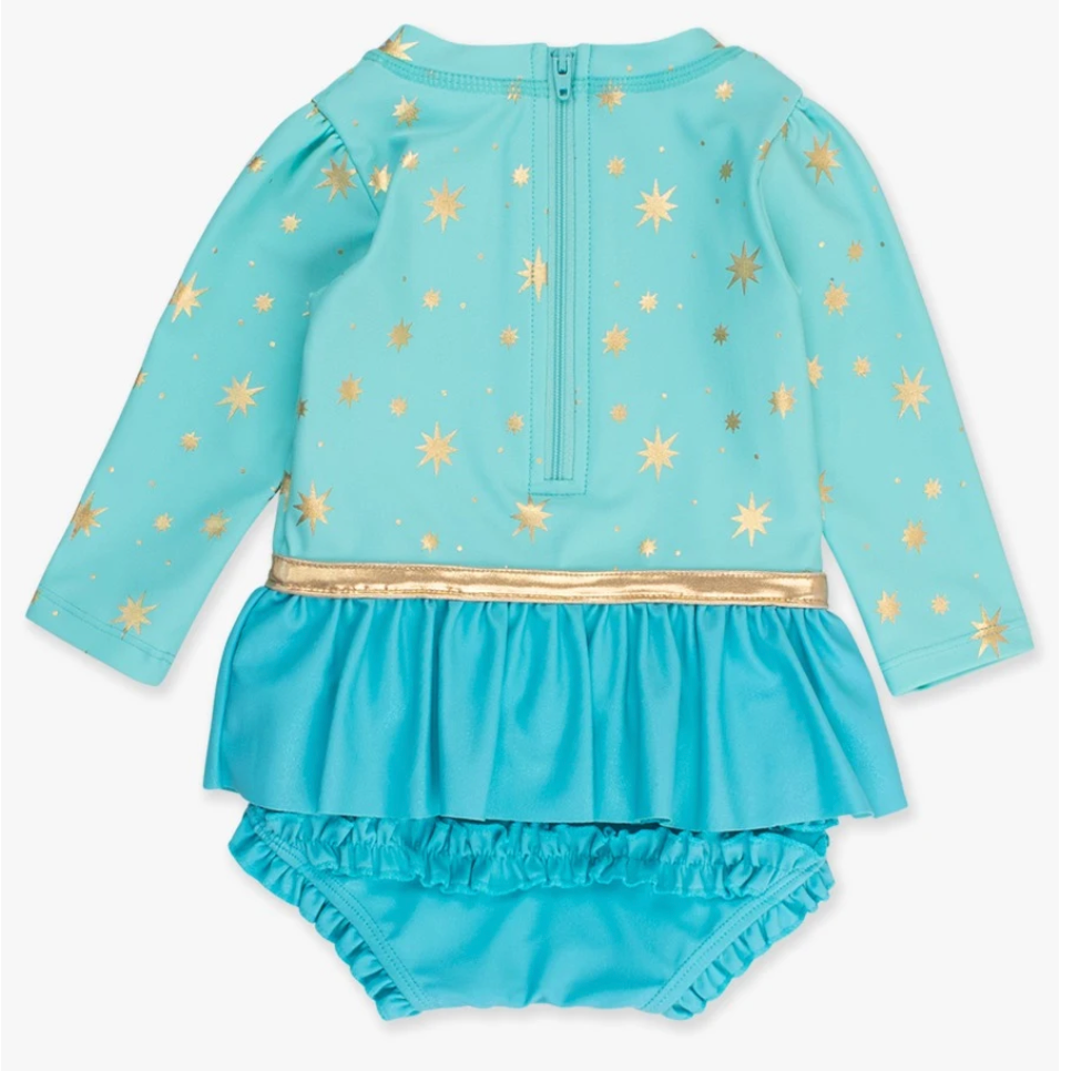 Teal long sleeve girls one-piece swimsuit with skirt and bow