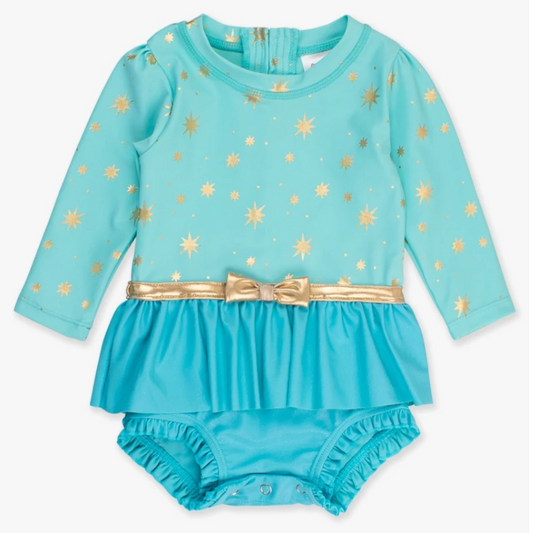 Teal long sleeve girls one-piece swimsuit with skirt and bow